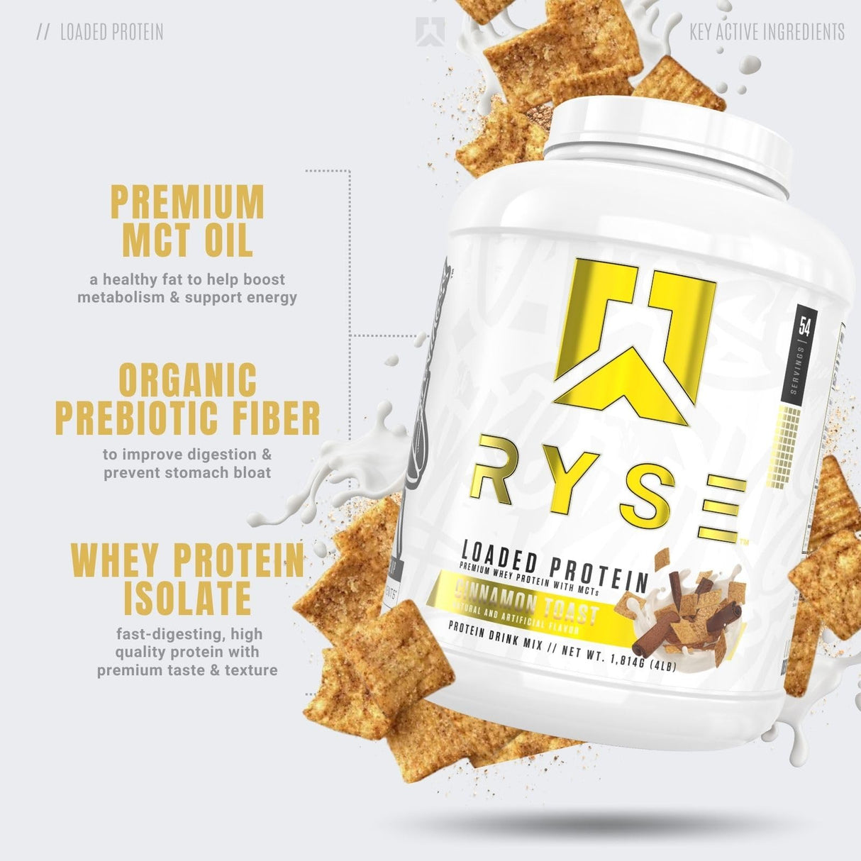 RYSE Loaded Protein Powder - Cinnamon Toast - 25g Whey Protein Isolate & Concentrate with Prebiotic Fiber & MCTs - Low Carb, Low Sugar, Digestive-Friendly - 54 Servings / 4 lb Tub