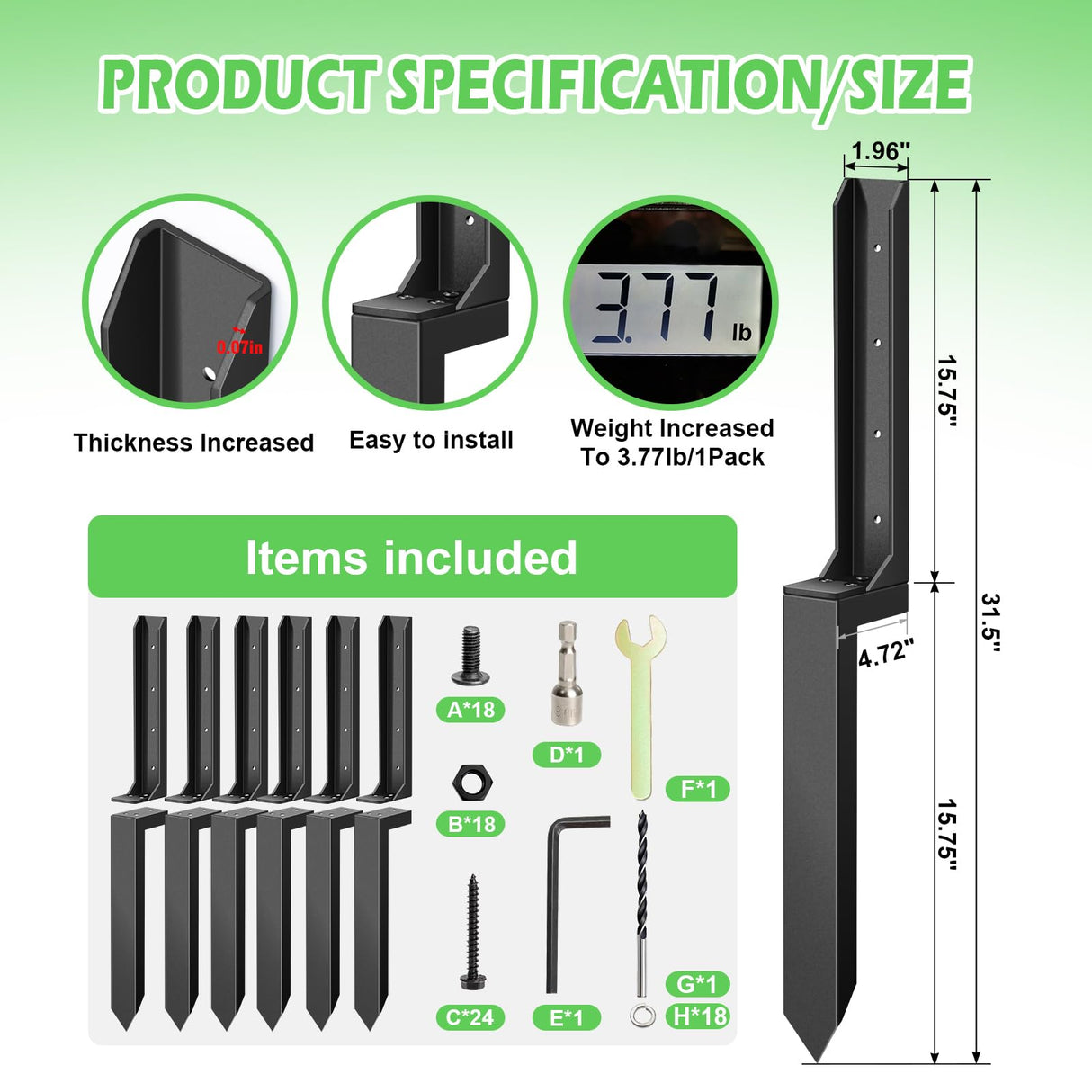 8 Pcs Fence Post Repair, Heavy Duty Fence Post Kit Anchor Ground Stakes for Repairing Tilted, Broken Wood Support