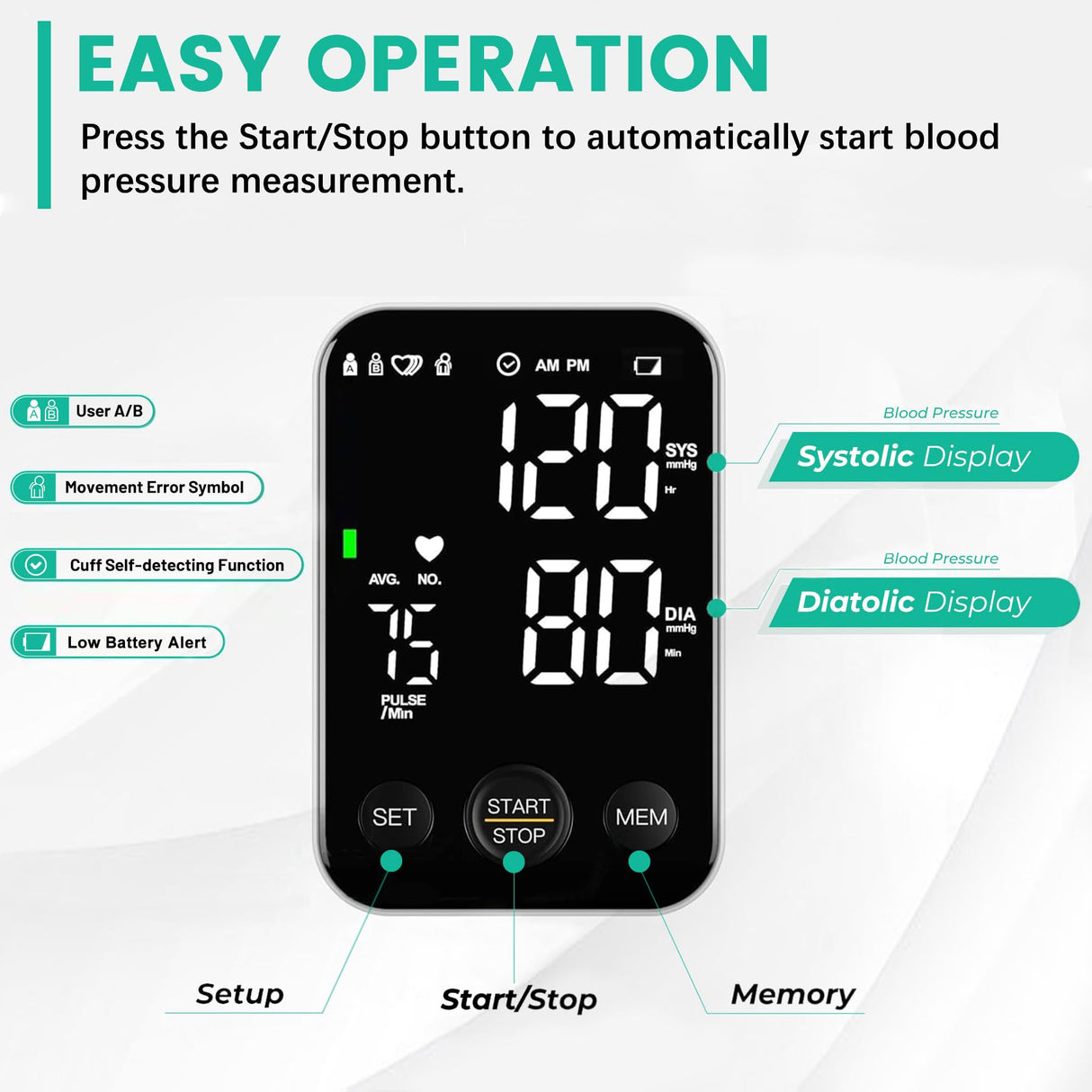 Oklar Blood Pressure Monitor Upper Arm Monitors for Home Use BP Machine Sphygmomanometer with 2x120 Reading Memory Adjustable Arm Cuff 8.7"-15.7" Large Display with LED Background Light Storage Bag