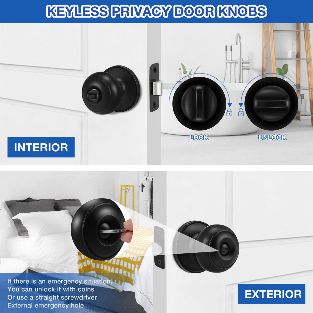 Plustool 8 Pack Matte Black Door Knobs, Privacy Door Knob with Lock, Interior Doorknobs with Round Ball, Keyless Door Lockset for Bedrooms Bathrooms