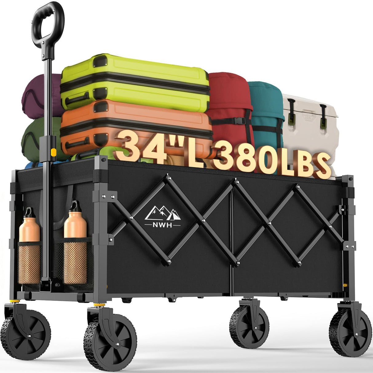 NWH 34'' Extra Long Collapsible Wagon, 380lbs Large Capacity Folding Wagons Carts with Wheels Foldable, Heavy Duty Utility Cart with All-Terrain Wheels for Beach Outdoor Grocery Camping Garden