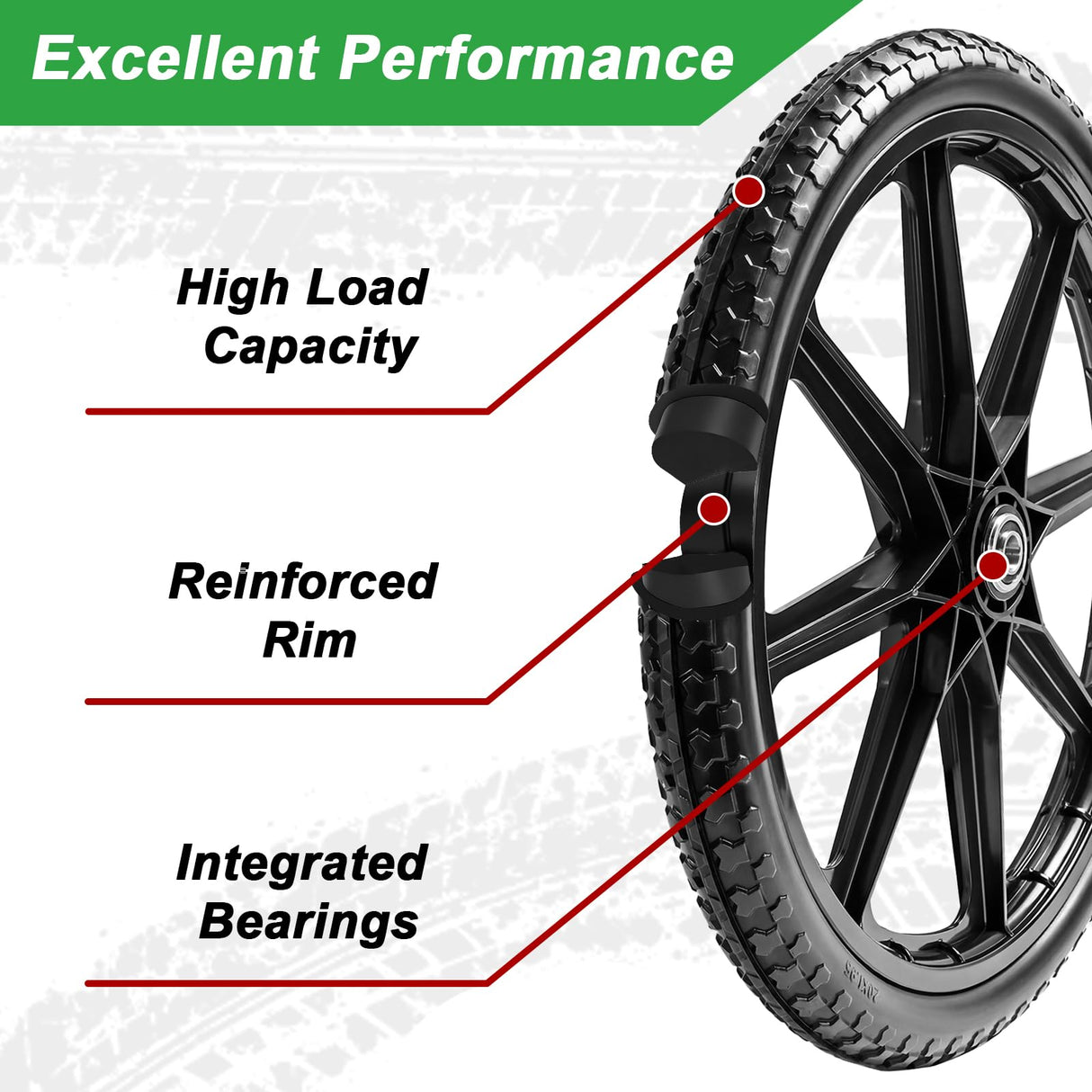 LTNICER (2-Pack) 20" Flat Free Cart Wheels, 20x2 Solid Rubber Wheels for Rubbermaid Garden Carts, 3/4" & 5/8" Bearing, 2.5" Hub Length, Black