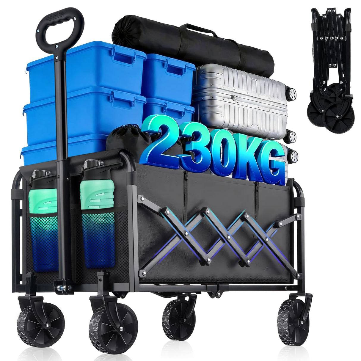 500LBS Heavy Duty Collapsible Wagon Cart with 360ยฐSwivel Break for Beach
