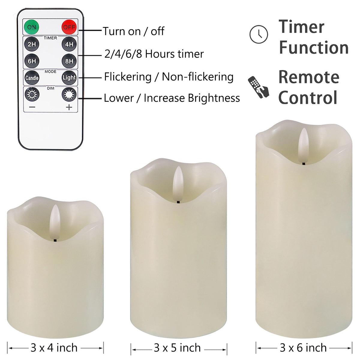 HVOPGEEUAN Flickering flameless Candles, Battery Operated Candles with Remote, led Pillar Candles,Electric Candle Set of 3,Christmas Home Wedding Birthday Decor(Ivory White) 