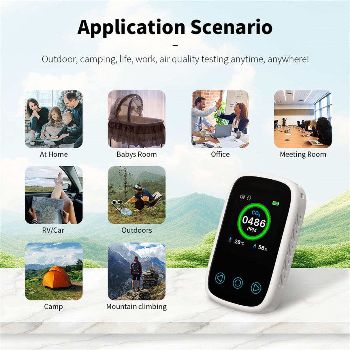 Rechargeable CO2 Alarm Travel/Camping Carbon Dioxide Warning with Temperature/Humidity Display Portable CO2 Meter Carbon Dioxide Warning