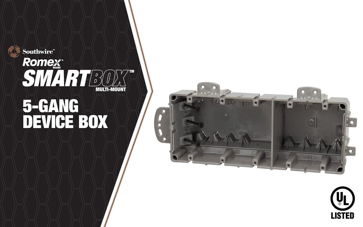 Southwire MSBMMT5G 5 Gang Multi Mount Device Box with Depth Adjustable; Heavy Duty 42lb ; Gray