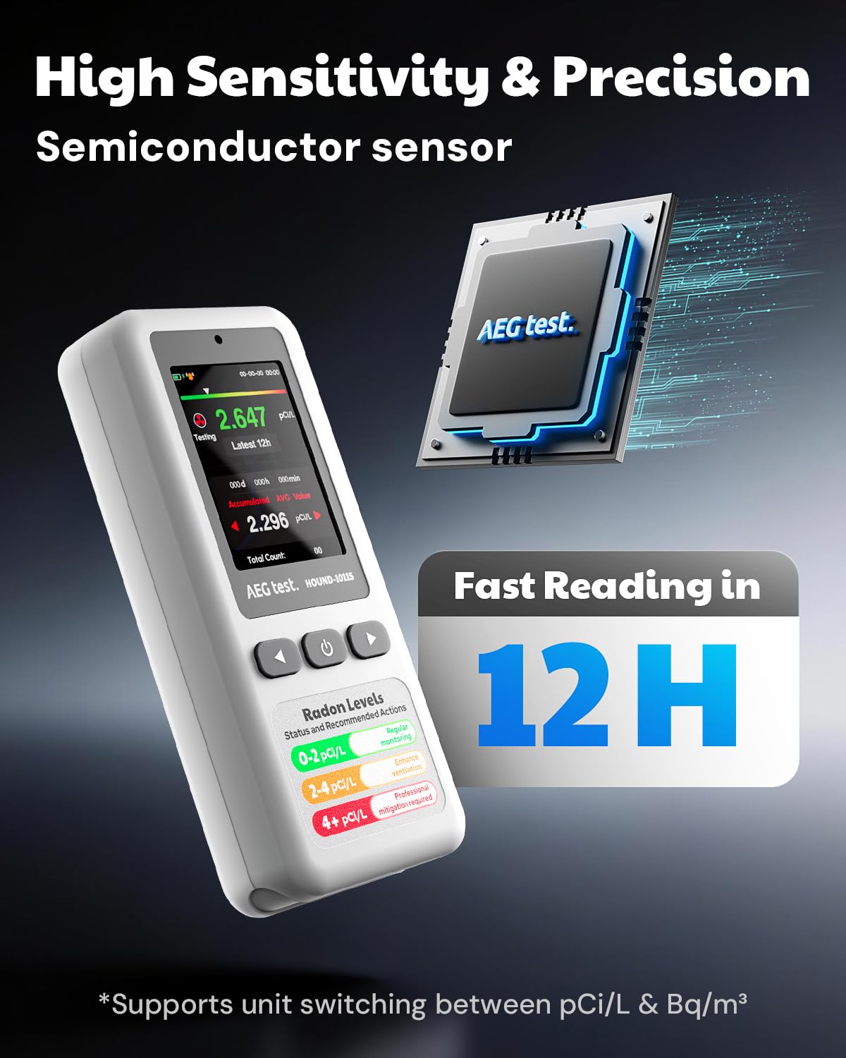 AEGTEST HOUND-1011S Portable Radon Detector, High-Accuracy Sensor for Home, Lightweight, Audible & Visual Alarms, Long-Term Monitoring, Easy-to-Use Radon Tester in pCi/L or Bq/m³ for Basement