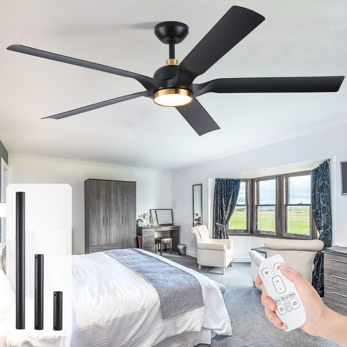 60 Inch Gold Ceiling Fan with Light and Remote, Black Gold Modern Ceiling Fans with Quiet Reversible DC Motor, Large Outdoor Ceiling Fan for Patio, Porch, Indoor Living Room, Bedroom, Office, 3 CCT