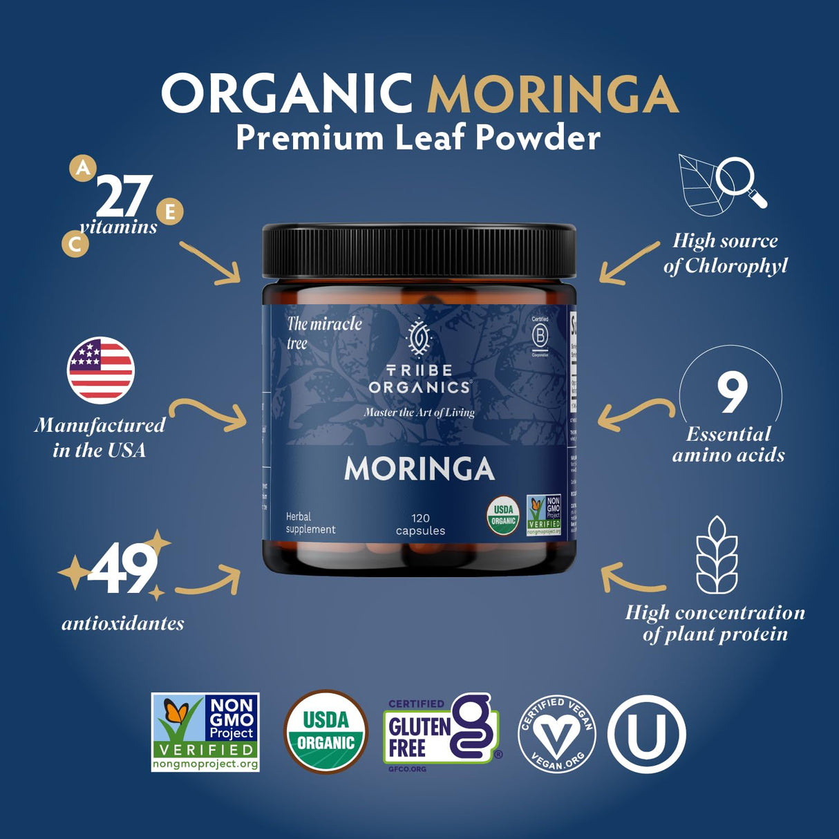 TRIBE ORGANICS 1800mg Organic Moringa Oleifera Powder for Energy | Joints | Brain Function - High Potency Nutrient Rich Greens Superfood | Natural Leaf Plant Protein | Antioxidant - 120 Vegan Capsules