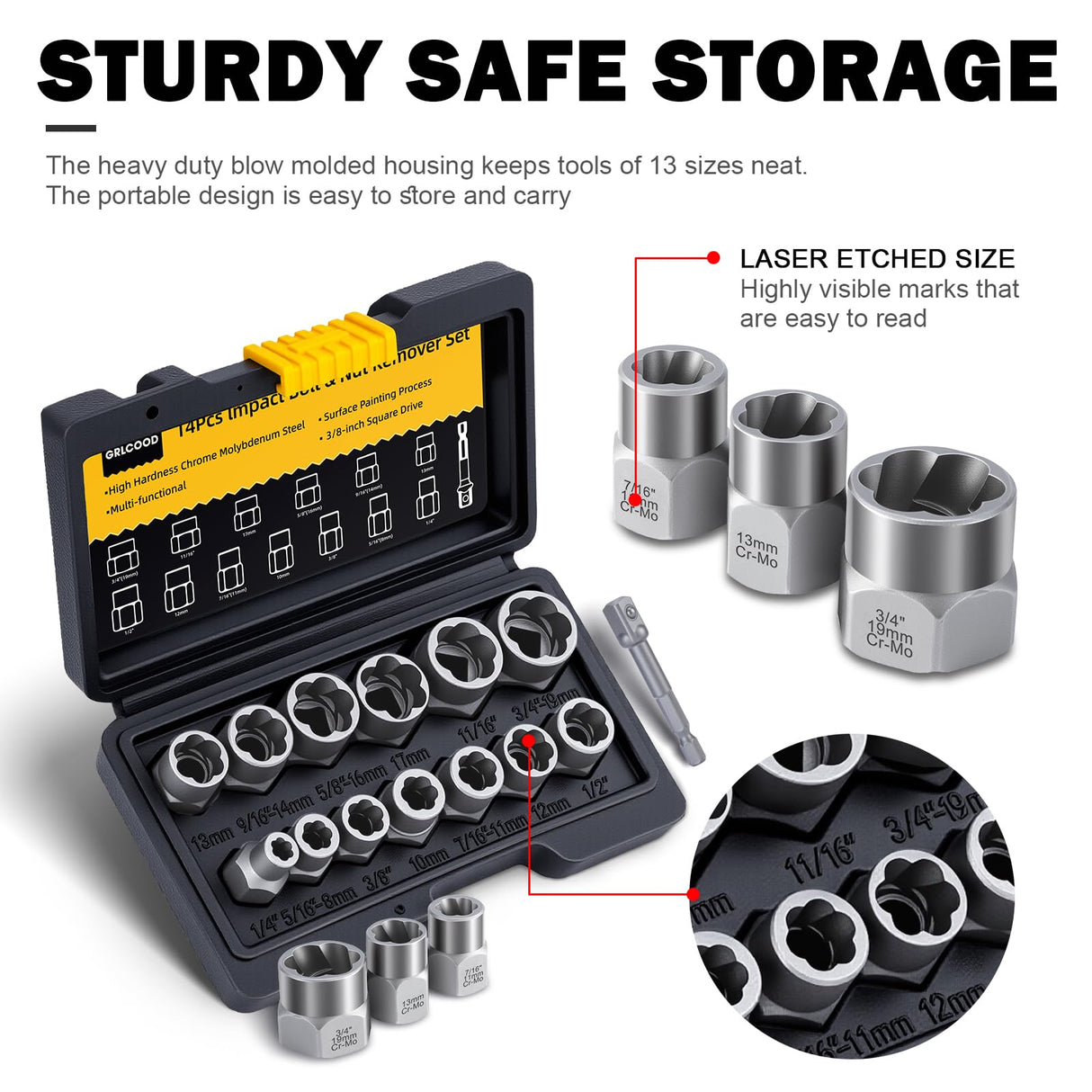 Bolt Extractor Kit, 14 PCS Impact Bolt & Nut Remover Set with 3/8 Inch Adapter, Upgrade Stripped Bolt Extractor Socket Set with Portable Tool Box, Easy Out for Rusted, Damaged, Round Bolt Nuts Screws