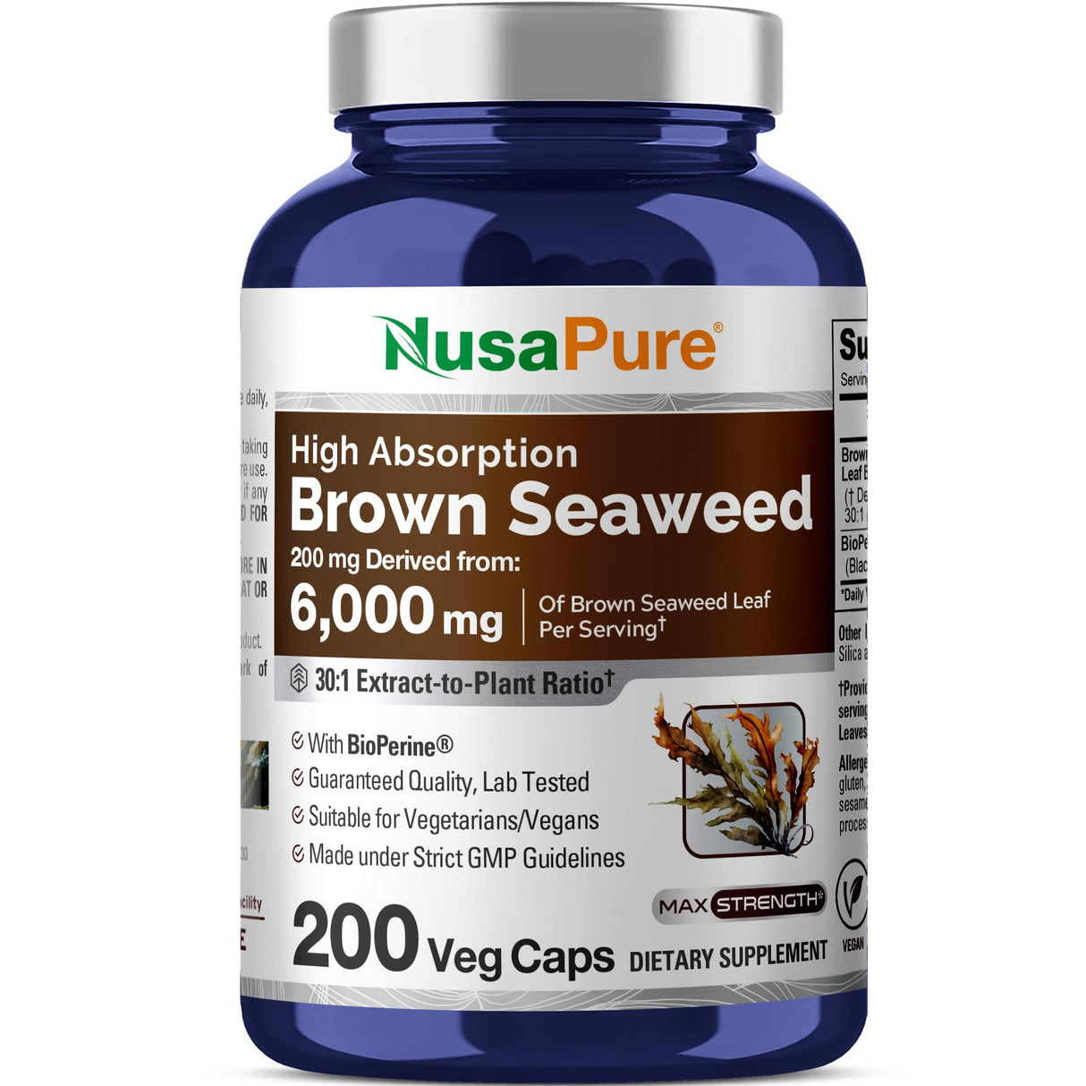 NusaPure Brown Seaweed 30:1 Extract, 200 mg Equivalent to 6,000 mg 200 Veggie Capsules - (Vegan, Non-GMO Bioperine)
