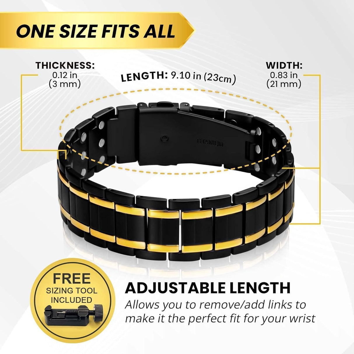 MagnetRX® 3X Strength Titanium Magnetic Bracelet – Magnetic Bracelets for Men – Premium Fold-Over Clasp and Adjustable Length with Sizing Tool (Black/Gold)