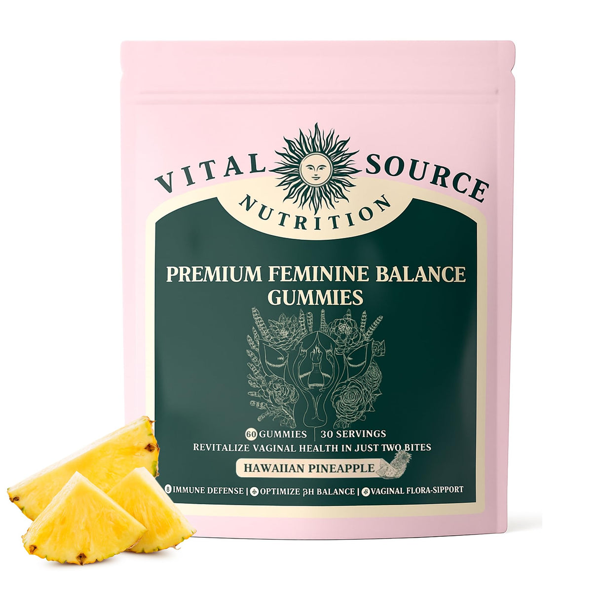 Pineapple Gummies for Women pH - Vital Feminine Balance Gummies Source for Odor and Flora Health & Wellness, Probiotics Vaginal Gummy, Hawaiian Pineapple, Gluten-Free, Vegan (60 Counts - 30 Servings)