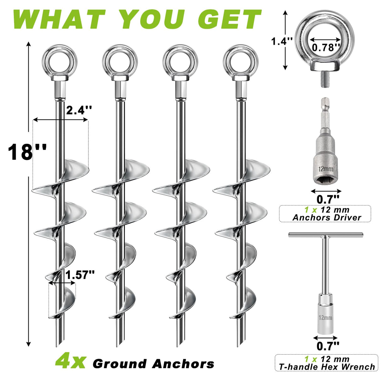 Fabulas Ground Anchors Screw in, 18 Inch Ground Anchors Heavy Duty Metal Earth Auger Anchors Trampoline Stakes Kit High Wind for Swing Set Shed Rv Canopy Gazebo Mobile Home Tree Playground Dog, 4 Pack