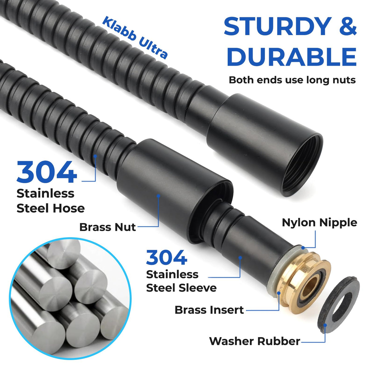 Klabb 80 Inch Extra Long Shower Hose, Matte Black Stainless Steel Shower Hose for Handheld Shower, Flexible Anti-Kink Design with 360° Reinforced PEX Inner Tube, 3.6 GPM, G1/2