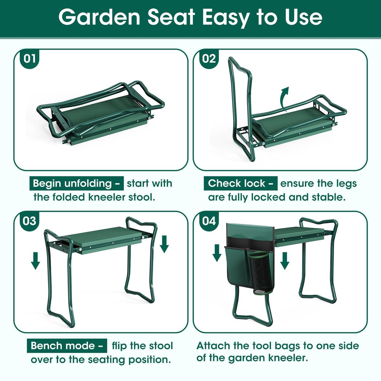 2-in-1 Garden Kneeler with Umbrella, Garden Kneeling Bench & Green Umbrella, Portable Garden Stool Loads Capacity 330lb and Garden Tools Bag with bottle holder, Gardening Gifts for Women,Men,Seniors