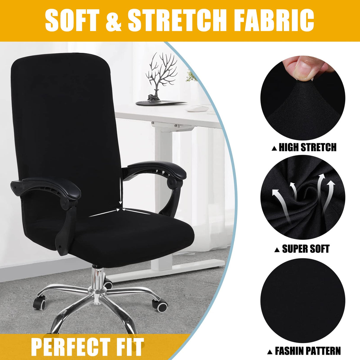 Smiry Stretch Printed Office Computer Chair Covers, Universal Desk Rotating Chair Slipcovers Removable Washable, Soft Fit Anti-Dust Spandex Protector Cover with Zipper, Black