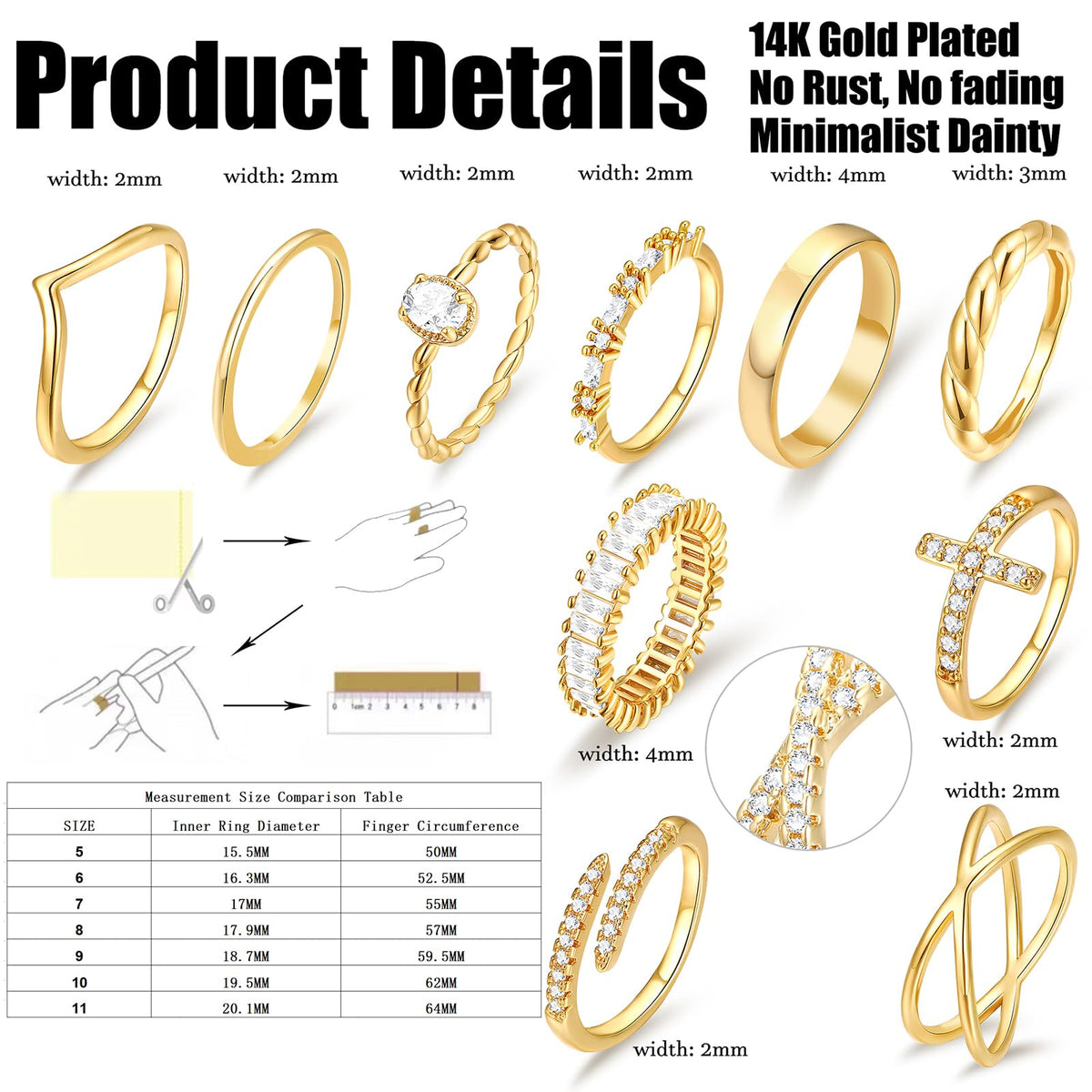 10 PCS 14K Gold Plated Rings Set for Women, Thumb Knuckle Stacking, Size 6