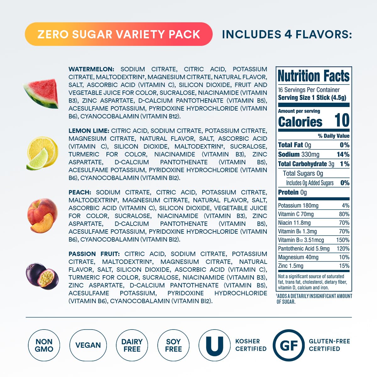 DripDrop Sugar Free Hydration Packets - Zero Classic Variety Pack - Single Serve Electrolytes Powder Drink Mix - Lemon Lime, Watermelon, Peach, Passion Fruit - Non-GMO, Gluten Free, Vegan - 16 Sticks