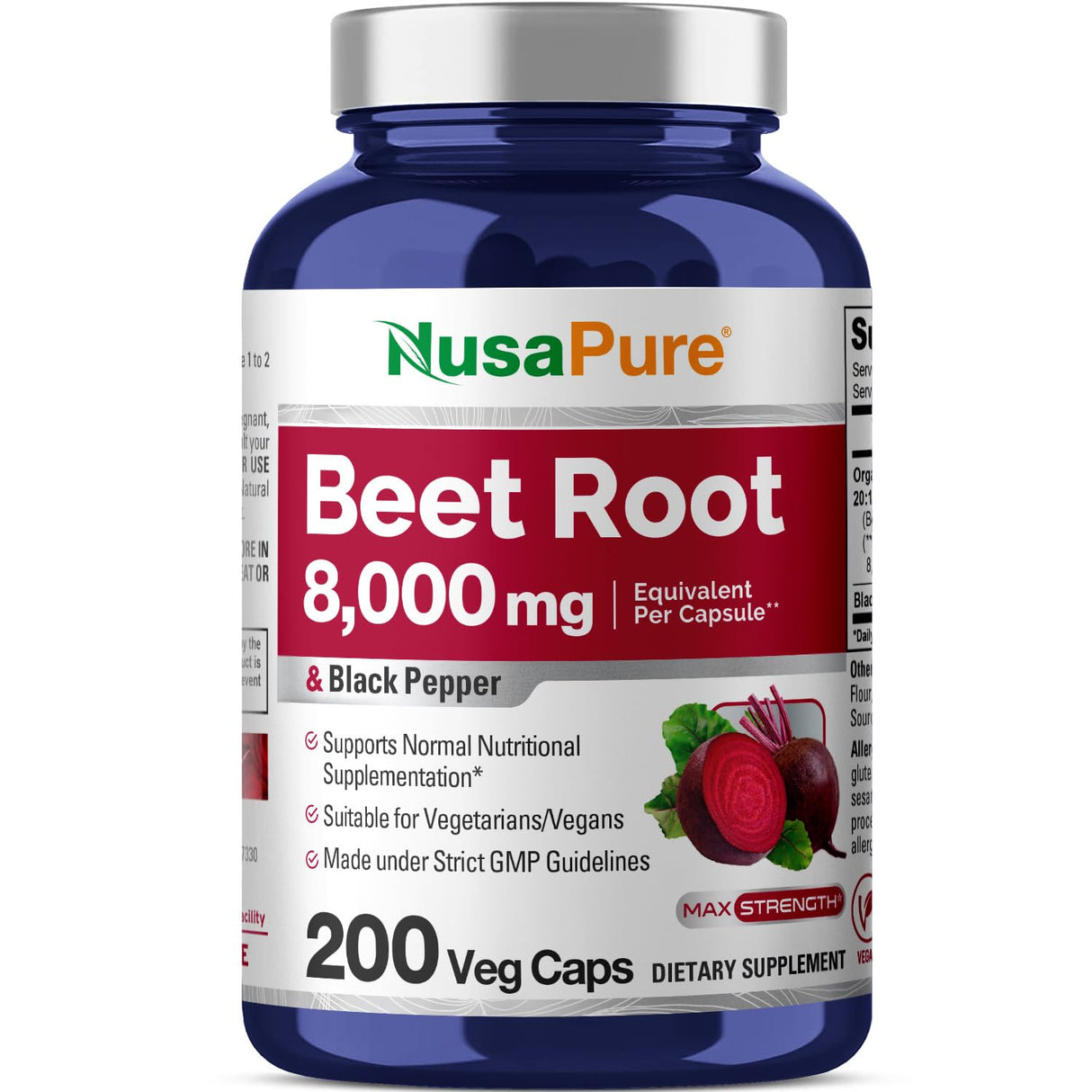 NusaPure Beet Root 8,000mg per Caps (Vegan, Non-GMO, Extract 20:1, Vegan) Black Pepper - 200 Veggie caps