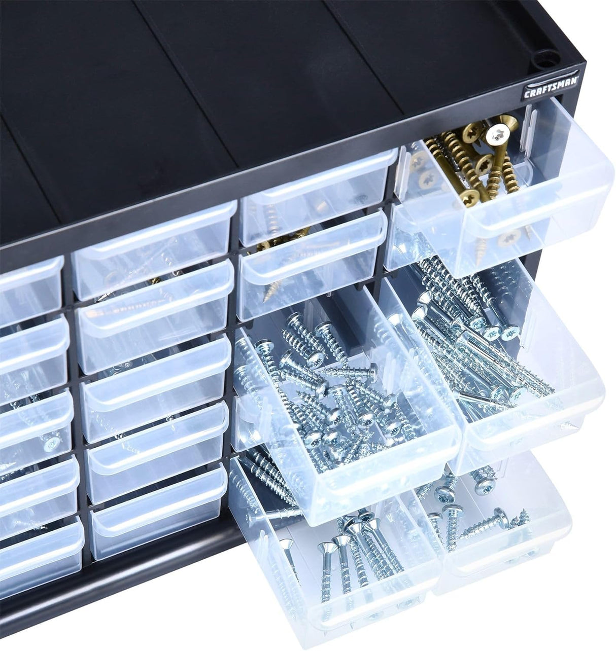 CRAFTSMAN Storage Organizer, 30 Small Drawer Modular Storage System, Easily Stackable, Plastic, Black, White (CMST40730)