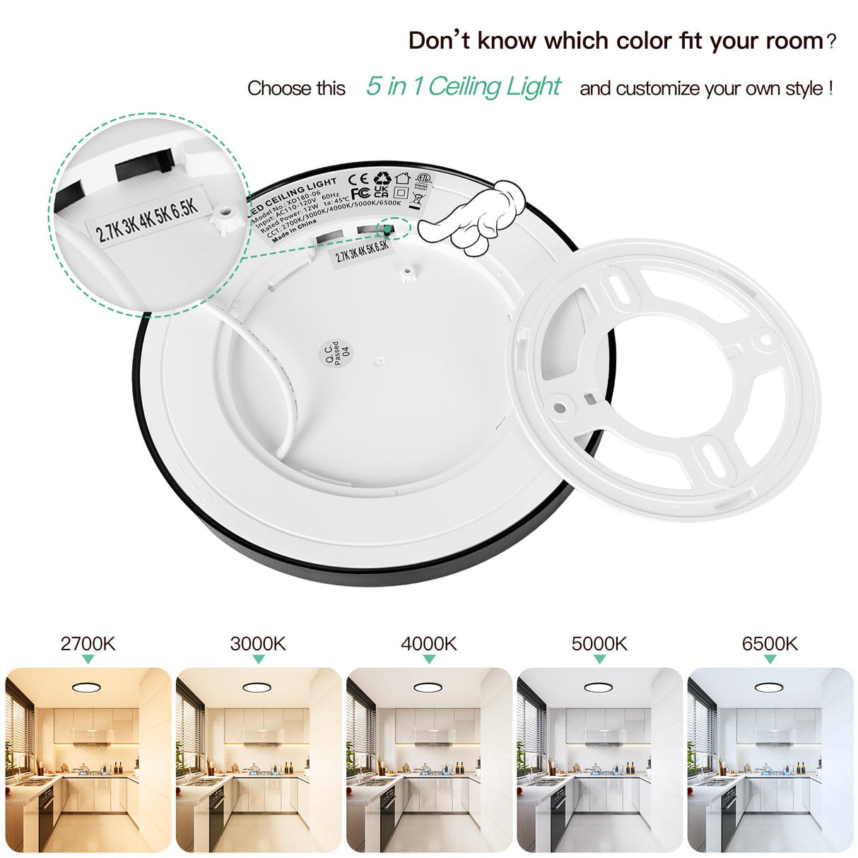 Brightever Black Flush Mount Ceiling Light, 7 Inch 12W, Super Slim 0.67 Inch 1200LM LED Ceiling Light Fixtures, Dimmable & 2700K/3000K/4000K/5000K/6500K 5 Color in One Ceiling Lamp for Closet, 2 Packs