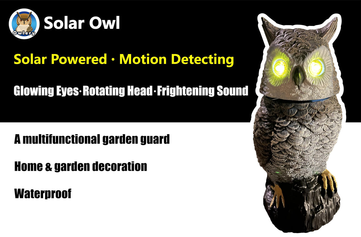 Owlery Brown Solar Owl with Motion Detector, Flashing Eyes, Spinning Head, Realistic Hooting and Silent Mode, Garden Owl, Outdoor Statue, Decoration for Home, Garden, Patio and Fence