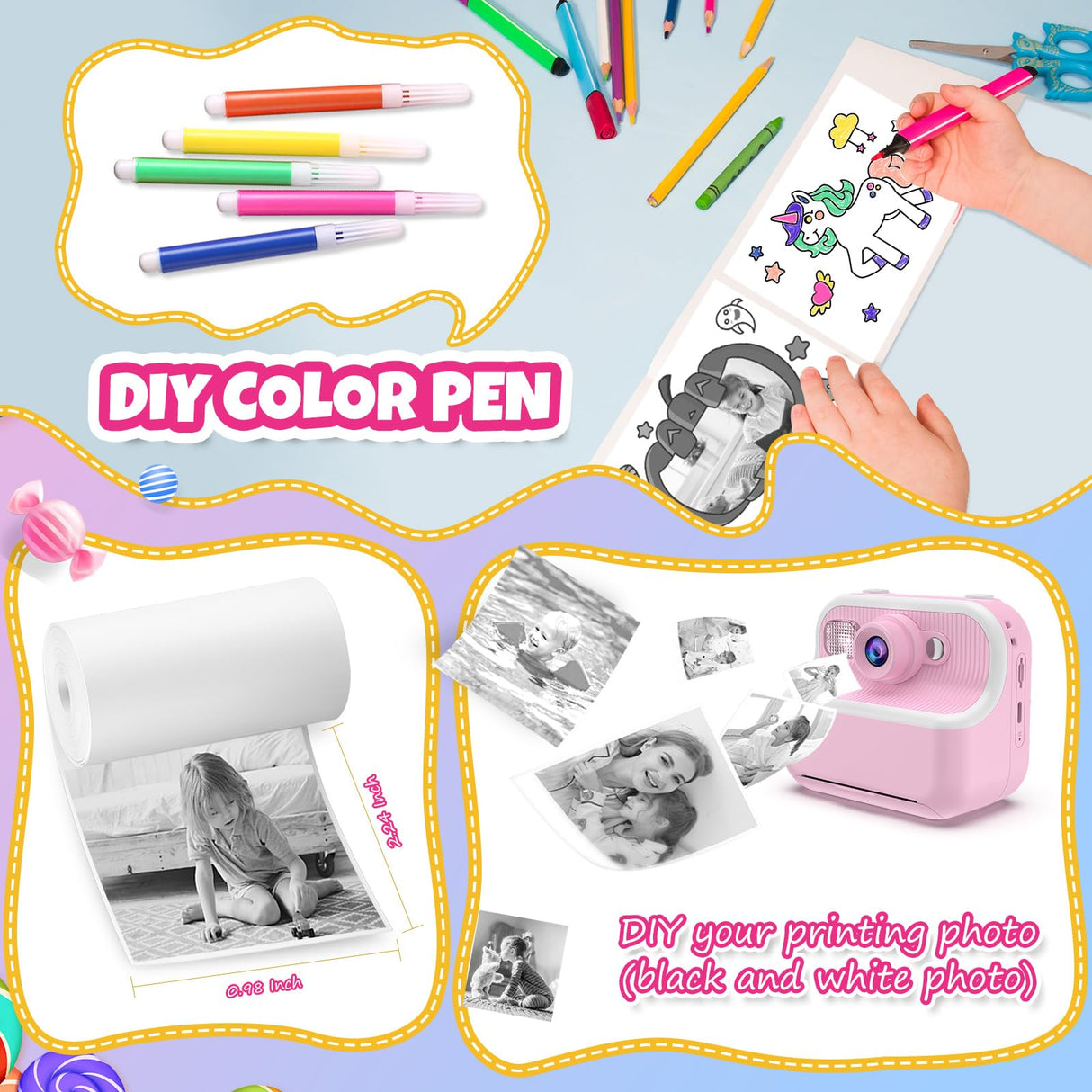 TOZDTO Kids Camera Instant Print,1080P HD Dual Lens Selfie Camera Toys for Girls & Boys Ages 3-12, Instant Photo Printing with 3 Rolls of Paper & 32GB Card, Christmas Birthday Gift for Toddlers (Pink)