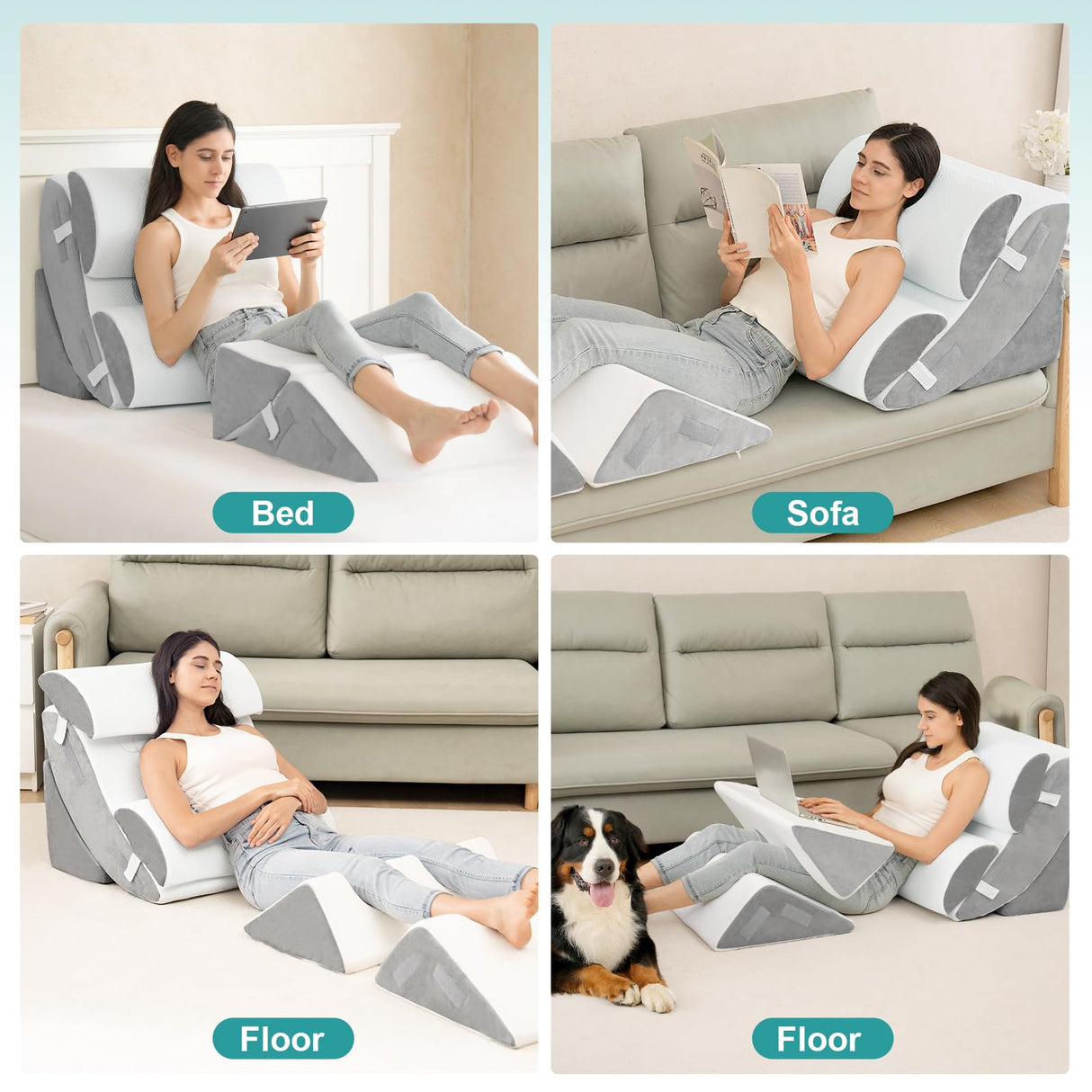 Hansleep 6PCS Orthopedic Bed Wedge Pillow for Sleeping, Adjustable Post Surgery Pillow Set for Body, Back and Leg Pain Relief, Memory Foam Support Pillows for After Surgery, White