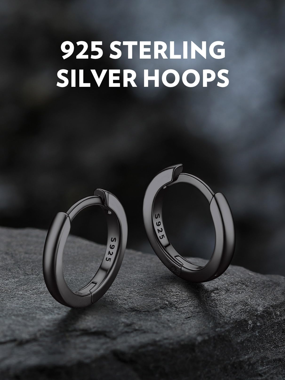 Bandmax Mens Black Small Huggie Hoop Earrings 925 Sterling Silver 10mm Round Huggy Ear Hoops Aretes Negros para Hombre Silver Ears Jewelry Gift for Women Men