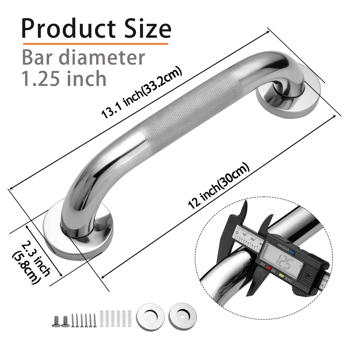 Rockgoya Shower Grab Bar, 2 Pack 12 Inch Bathroom Grab Bar, 304 Stainless Steel 1.25" Diameter Anti-Slip Handicap Grab Bar Support Shower Rail Senior Handrail Shower Safety Bar Handle