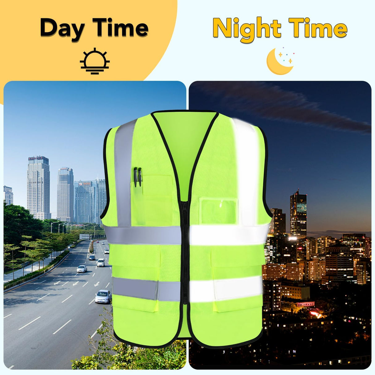 XPCARE 10-Pack Hi Vis Reflective Safety Vest with Pockets, Green High Reflective Strips Zipper Work Vest for Men and Women(X-Large)