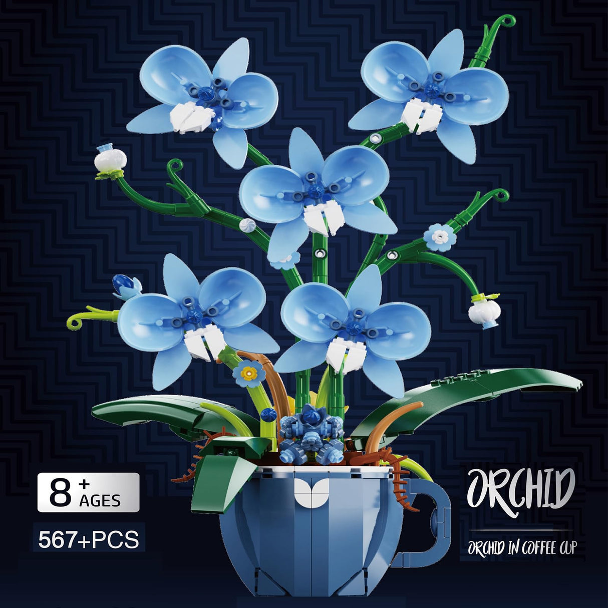 iixeal Blue Orchid Flower Building Set for Adults, Coffee Cup Orchid Botanical Collection Plant Building Kit, Home and Office Decor Gift for Christmas Day, Valentines, Birthday 567pcs