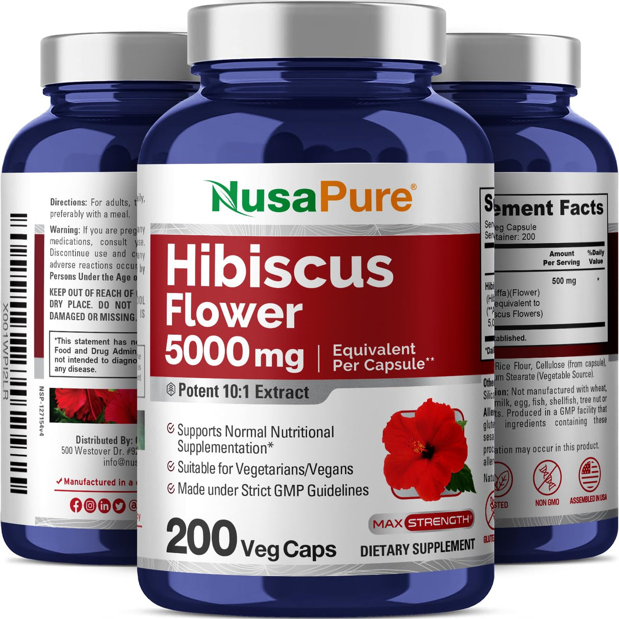 NusaPure Hibiscus Flower 10:1 Extract, 500 mg Equivalent to 5000mg 200 Vegetarian Caps (Non-GMO, Vegan)