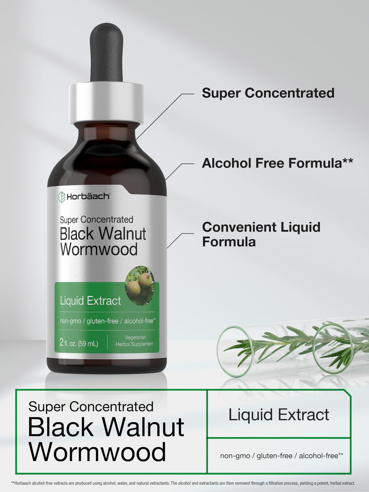 Horbäach Black Walnut Wormwood Liquid Extract | 2 fl oz | Alcohol Free Tincture | Vegetarian, Non-GMO & Gluten Free