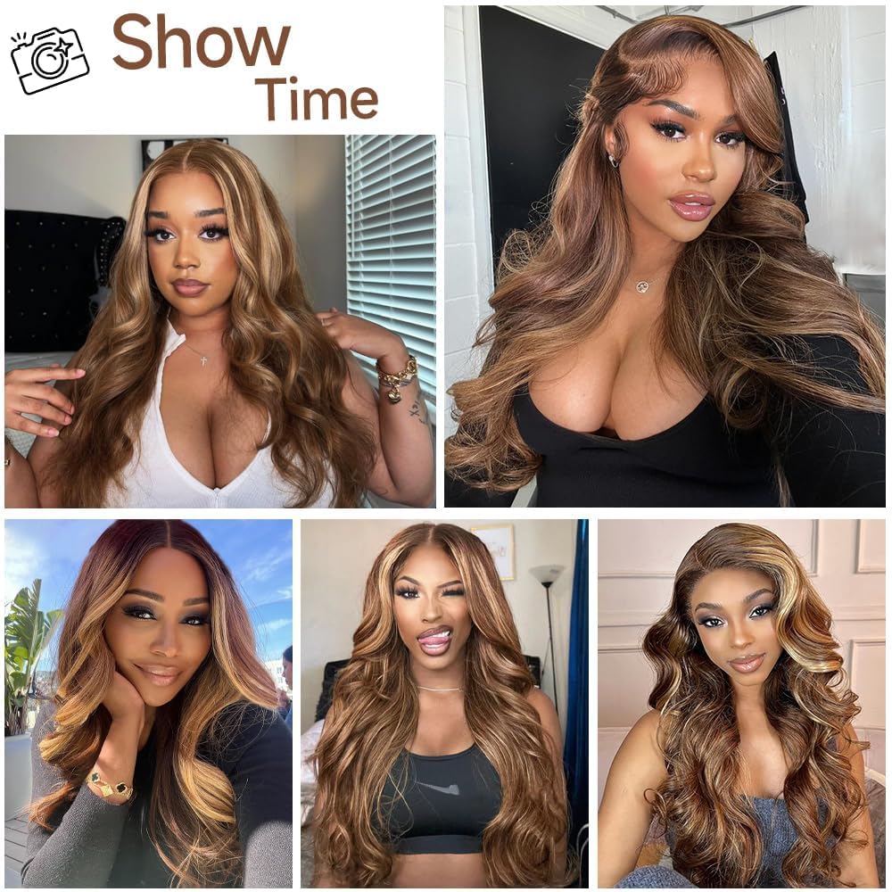 Linrkeyy Ombre Lace Front Wig Human Hair 13X6 Honey Blonde Highlight Wigs Human Hair Body Wave 180% Density HD Lace Frontal Wigs Human Hair Pre Plucked 4/27 Colored Glueless Wigs for Women 24 Inch