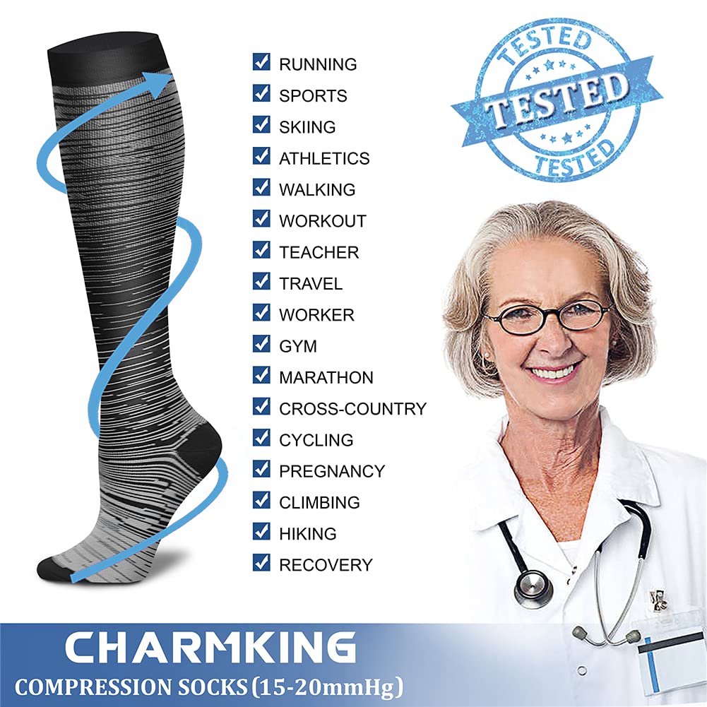 CHARMKING Compression Socks for Women & Men (8 Pairs) 15-20 mmHg Graduated Copper Support Socks are Best for Pregnant, Nurses - Boost Performance, Circulation, Knee High & Wide Calf (L/XL, Multi 29)