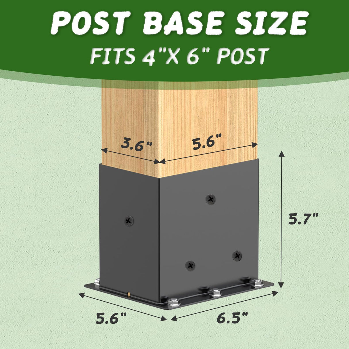 6 Pcs Post Base,4"x 6"Post Brackets(Acturl3.6 x5.6), Heavy Duty Black Metal Powder-Coated Thick Steel Post Anchor Outdoor for Support Deck Base Plate, Pergola Bracket Kit,Mialbox Post Mount