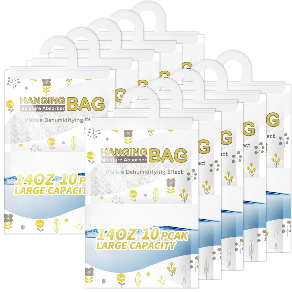 Vacplus Moisture Absorbers, Hanging Closet Dehumidifier Bags, Humidity Packs, Desiccant, Closet Dehumidifiers with Fragrance Free, 10 Pack, 14.0 OZ