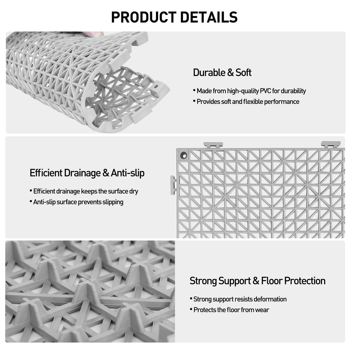 MAXWAVE 18 Pack 12" x 12" Modular Interlocking Floor Mats, Soft PVC Non-Slip Drainage Tiles, Splicing Rubber Cushion Flooring for Deck, Shower, Pool, Basement, Shed, Indoor and Outdoor Use