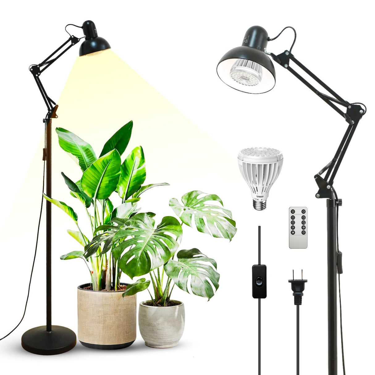 SANSI Grow Lights for Indoor Plants, 32W Plant Lights for Indoor Growing, Full Spectrum Dimmable 39-65 Inches High PPFD Standing Grow Light with PAR25 32W Bulb Remote Control Auto On/Off Timer