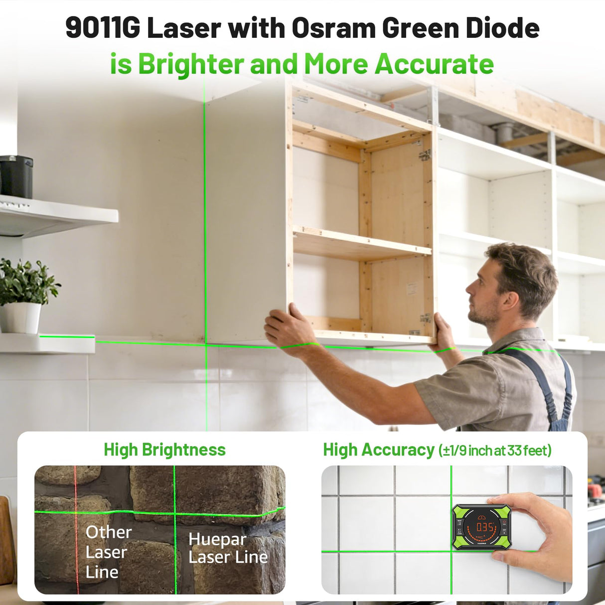 Huepar Laser Level with Tripod,100Ft Self Leveling Green Cross Line Laser for Picture Hanging, Tile, Decoration & DIY Construction – AA Battery&Picture Hanging Strips, Indoor Use