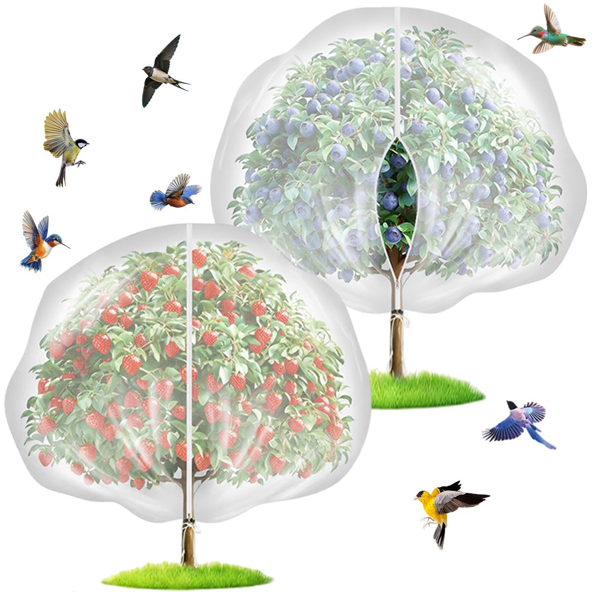 2 Pack 12x12FT Extra Large Fruit Tree Netting with Double Zipper & Double Drawstring, Heavy Duty Bird Netting for Fruit Trees, Reusable Tree Net to Protect Large Trees from Birds, Squirrels, Deer