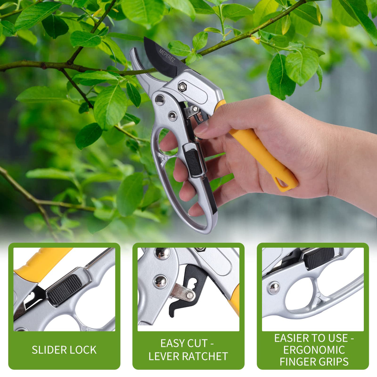 MEPEREZ Premium Germany Pruning Shears, Hand Pruners 4x Cutting Power Trimming, Garden Clippers 1-Inch Cut Capacity, Best Gardening Gifts, Easy to use Gardening Tools, Arthritis Weak Hand Snips