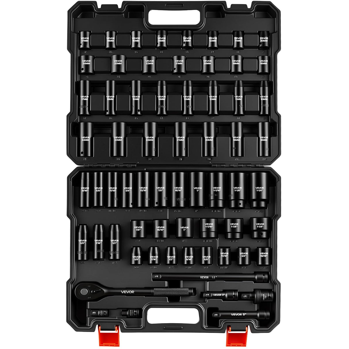 VEVOR 1/2" Drive Impact Socket Set, 65 Piece Socket Set SAE 3/8" to 1-1/4" and Metric 10-24mm, 6 Point Cr-V Alloy Steel for Auto Repair, Rugged Construction, Easy-to-Read Size Markings, Storage Case
