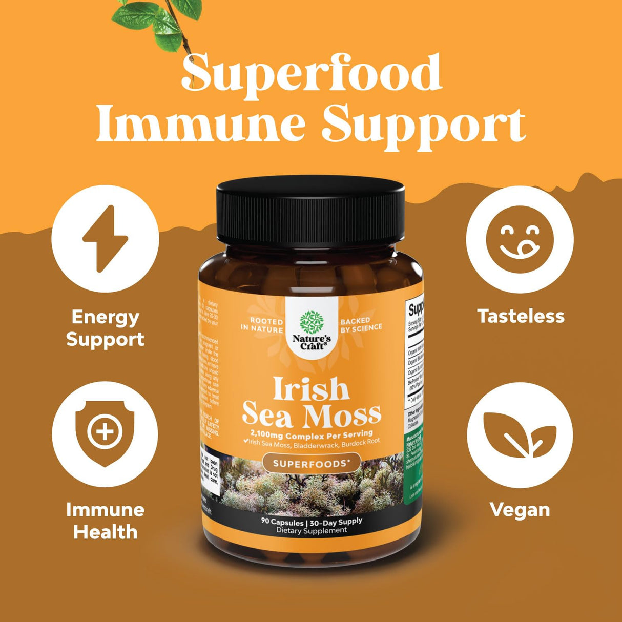 Organic Irish Sea Moss Capsules - Organic Sea Moss Pills with 2100mg Serving Superfood Complex with Bladderwrack Burdock Root and BioPerine for Immune Skin & Thyroid Support - Vegan Non-GMO (1 Month)