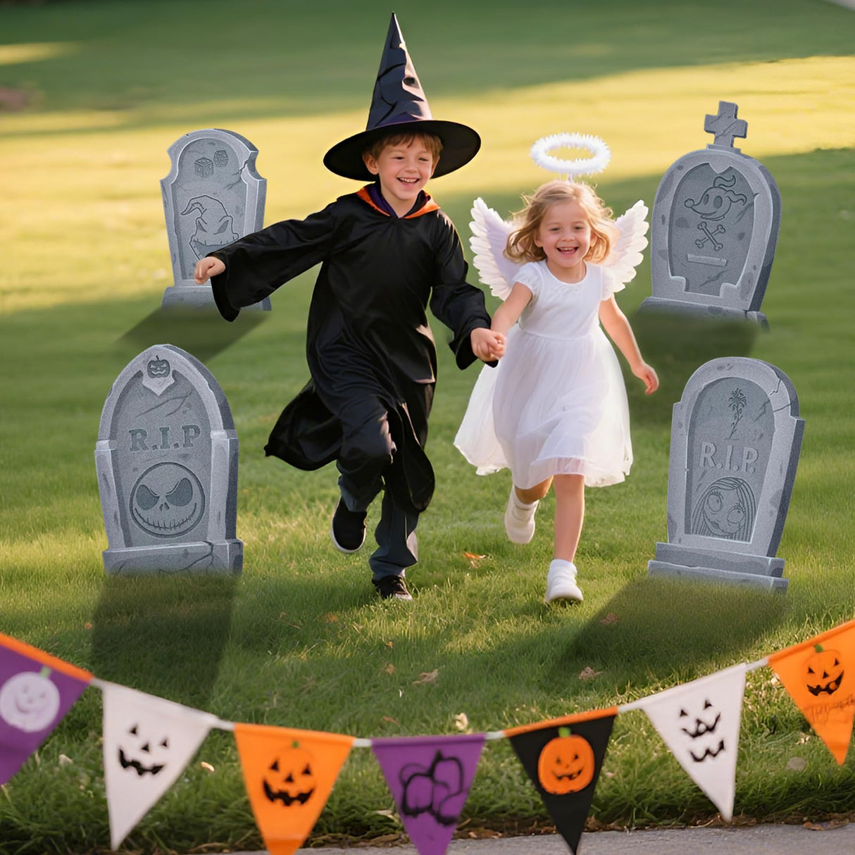 Jack Sally Tombstones Yard Signs, 17 Inch Gravestones Set Scary Halloween Decor Christmas Nightmare Halloween Decorations Outdoor Before Lawn Garden RIP Pumpkin Yard Stakes Outside Graveyard, Not Foam