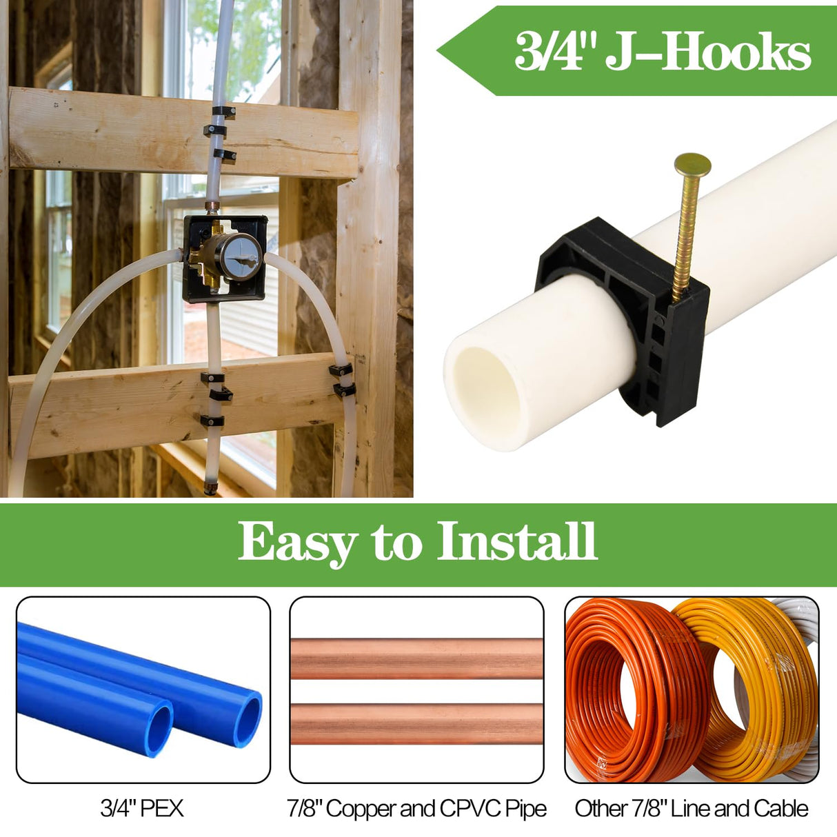 100 Pack 3/4" Half Clamps J-Hook with Nails Set, J Clamps for PEX, Copper, CPVC Tubing Connections