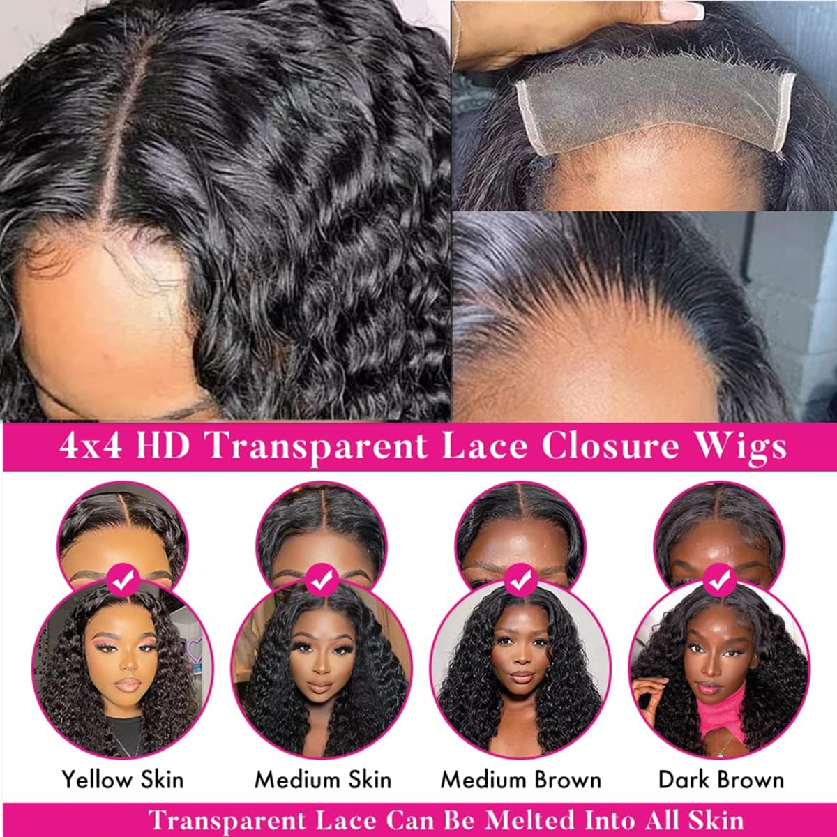 Josblue Deep Wave Lace Front Wigs Human Hair 180% Density 4x4 HD Transparent Lace Closuret Wet and Wavy Human Wigs for Black Women Pre Plucked with Baby Hair Nature Color