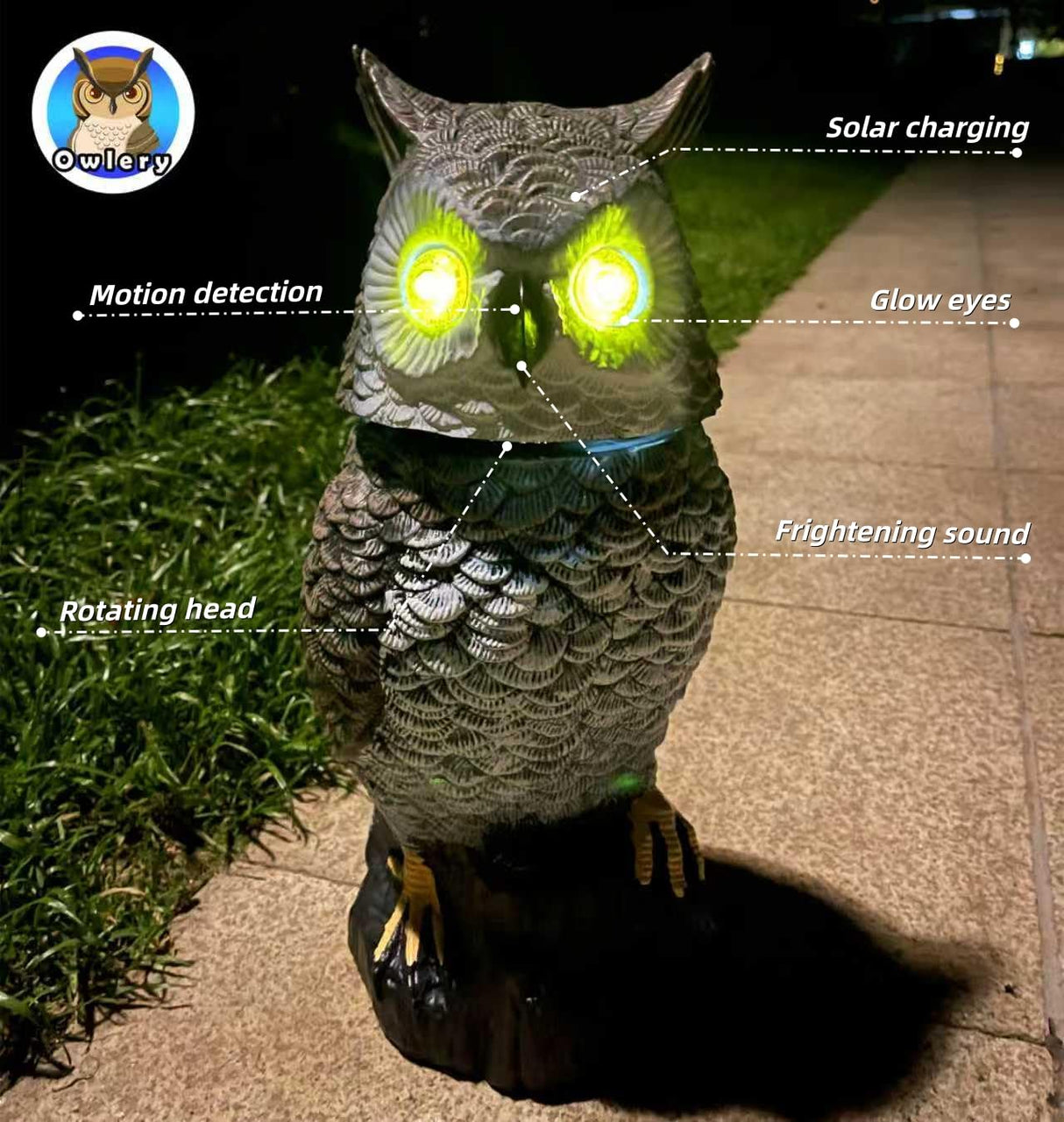 Owlery Brown Solar Owl with Motion Detector, Flashing Eyes, Spinning Head, Realistic Hooting and Silent Mode, Garden Owl, Outdoor Statue, Decoration for Home, Garden, Patio and Fence